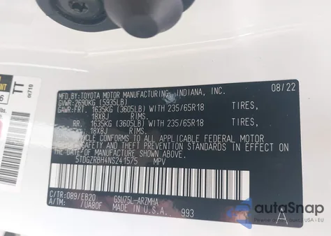 2022 Toyota Highlander Xle from USA, damaged, VIN 5TDGZRBH4NS241575